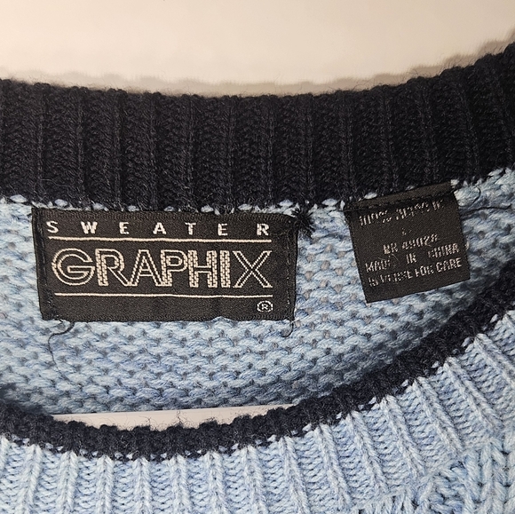 Vtg Sweater Graphix Sweater Mens L Pullover 90s Blue Color Block Biggie Carlton - Picture 3 of 7